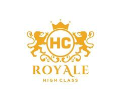 Golden Letter HC template logo Luxury gold letter with crown. Monogram alphabet . Beautiful royal initials letter. vector