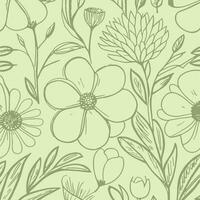 Abstract monochromatic soft green hand-drawn flowers texture pattern doodle vector illustration