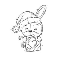 Cute bunny wearing head warmer and bringing gifts for coloring vector