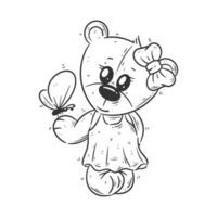 Cute bear is playing with butterfly for coloring vector