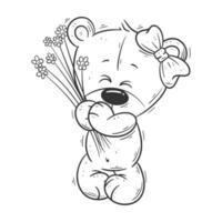 Cute bear holding flowers for coloring vector