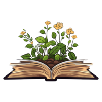 Open book and wildflowers, book table with flowers flowers sticker, growing from an old open book png