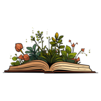 Open book and wildflowers, book table with flowers flowers sticker, growing from an old open book png
