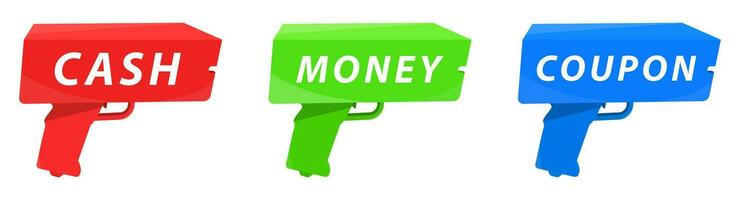 Money gun isolated background type. Gun for money, for coupons and for cash. Flat vector illustration on isolated background