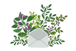 Bouquet of flowers behind a paper envelope. Flat design. Hand drawn trendy vector greeting card.