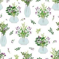 Seamless pattern with hand drawn bouquets of flowers in a glass vases on a white background. Vector element for the design of greeting cards