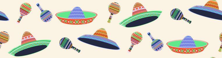 Seamless pattern Mexican maracas. Musical instrument maracas. Sombrero, cartoon style maracas, skull, guitar, cactus. Mexican holiday attribute, traditional latin musical instrument. vector