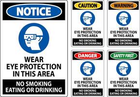 Caution Sign Wear Eye Protection In This Area, No Smoking Eating Or Drinking vector