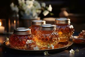 un imagen de tarro de miel es rodeado por un campo de flores y un mariposa. generativo ai foto