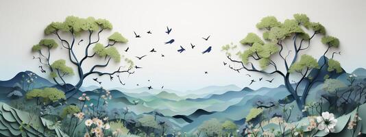 Beautiful green small island landscape with big tree and sunlight ozone layer background with mountain and birds. photo