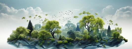 Beautiful tree and rays of sunlight in a green forest with mountain and tree. photo