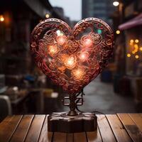 cerca arriba un majestuoso 3d corazón forma en el ciudad de luces. generativo ai foto