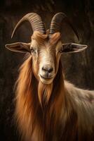 close up herd of cute white brown fluffy goat with horns standing on black background. generative ai photo