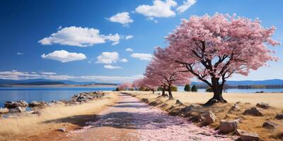 cherry blossoms in spring landscape wallpaper background. generative ai photo