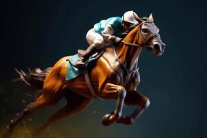 Equestrian sport young boy rides on horse on championship on dark background. generative ai photo