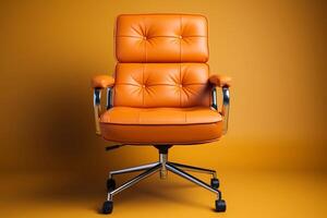 Genuine Leather office chair for Executive Officer, isolated on yellow background with clipping path. generative ai photo