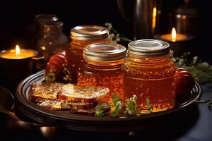 Honey jar packaging glass bottle mockup with honey spoon isolated. generative ai photo