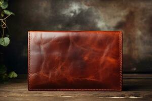 leather wallet cool and beautiful Brown female purse on a dark background. generative ai photo