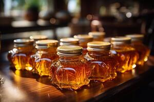 Honey in glass jars and bottles on the counter. Selling delicious and healthy product. generative ai photo