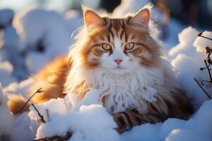 noruego bosque gato en blanco Nevado bosque. generativo ai foto