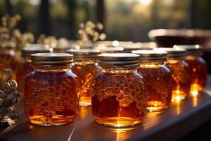 photo of Honey in glass jars and bottles on the counter. Selling delicious and healthy product.