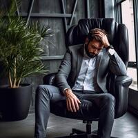 Sad gloomy man holding his forehead in office chair. photo