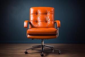 side view of Genuine Leather office chair , isolated on blue background with clipping path. generative ai photo