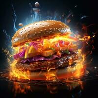 Burger with flying ingredients and splashes and fire on a black background. generative ai photo
