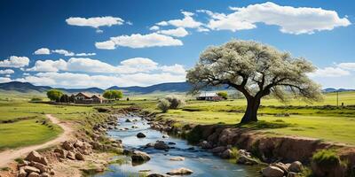 village landscape with trees, mountains, green grass, blue sky and amazing views over the hills and villages with traditional huts and villagers. generative ai photo