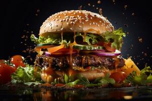 Hamburger with onion and lettuce chunks topped. burger generative ai photo