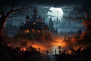 Horror looking pumpkins on the ground at halloween evening moon bats flying around trees. Generative ai photo