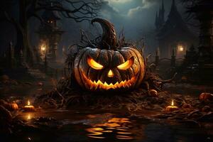 Scary looking pumpkin on the ground at halloween evening full moon bats flying around trees. Generative ai photo