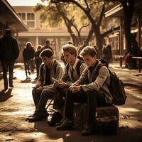 friends in a stereo staff, sitting in ground of school in school uniforms. Generative ai photo