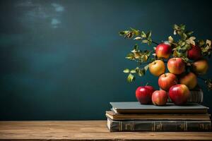 school stationery books and apples on table indoors, space for text. Generative ai photo