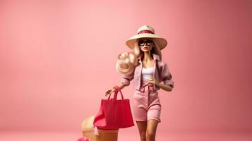 Portrait, woman and shopping with bags, mall, happy and excited for sale. Face, fashion and girl with relax with luxury, purchase while walking Generative AI photo