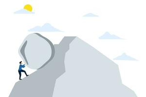 concept of hard work like pushing a rock uphill, burdens or obstacles, business difficulties, struggle, challenge to success, motivation, businessman pushing a rock uphill to the top of a mountain. vector