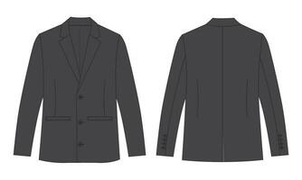 Long sleeve black color blazer suit technical drawing fashion flat sketch vector illustration template front and back views isolated on white background