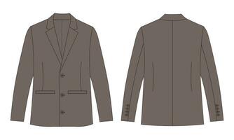 Long sleeve black color blazer suit technical drawing fashion flat sketch vector illustration template front and back views isolated on white background