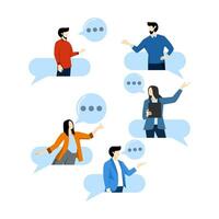 concept of business conversation or discussion, meeting, talk or chat together, group talk or communication dialogue, message or talk, business colleagues having conversation in speech bubbles. vector