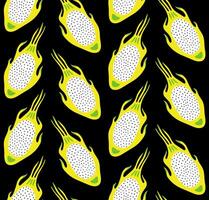 BLACK VECTOR SEAMLESS BACKGROUND WITH BRIGHT YELLOW DRAGON FRUIT SLICES IN POP ART STYLE