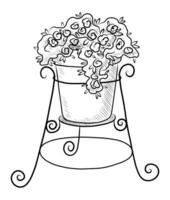 BLACK VECTOR ISOLATED ON A WHITE BACKGROUND DOODLE ILLUSTRATION OF A FLOWERING PLANT IN A POT ON A WROUGHT IRON STAND