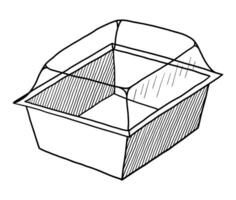 BLACK VECTOR ISOLATED ON A WHITE BACKGROUND DOODLE ILLUSTRATION OF A CLOSED PLASTIC FOOD CONTAINER WITH A TRANSPARENT LID