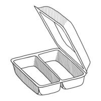 BLACK VECTOR ISOLATED ON A WHITE BACKGROUND DOODLE ILLUSTRATION OF AN OPEN DISPOSABLE PLASTIC CONTAINER