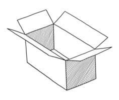 BLACK VECTOR ISOLATED ON A WHITE BACKGROUND DOODLE ILLUSTRATION OF AN OPEN CARDBOARD BOX