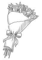 BLACK VECTOR ISOLATED ON A WHITE BACKGROUND DOODLE ILLUSTRATION OF A BOUQUET WITH ROSES