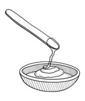 VECTOR ISOLATED ON A WHITE BACKGROUND DOODLE ILLUSTRATION OF A SHOVEL WITH A FLOWING PASTE FOR SUGARING INTO A CONTAINER