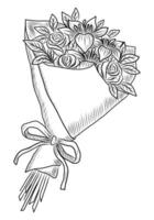 BLACK VECTOR ISOLATED ON A WHITE BACKGROUND DOODLE ILLUSTRATION OF A BOUQUET WITH ROSES AND LILIES