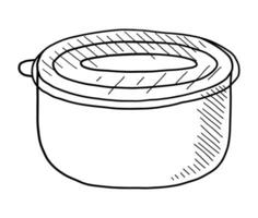 BLACK VECTOR ISOLATED ON A WHITE BACKGROUND DOODLE ILLUSTRATION OF A CLOSED PLASTIC FOOD CONTAINER WITH A TRANSPARENT LID