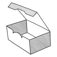 BLACK VECTOR ISOLATED ON A WHITE BACKGROUND DOODLE ILLUSTRATION OF AN OPEN CARDBOARD BOX FOR FAST FOOD