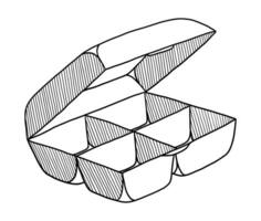 BLACK VECTOR ISOLATED ON A WHITE BACKGROUND DOODLE ILLUSTRATION OF AN OPEN DISPOSABLE PLASTIC CONTAINER